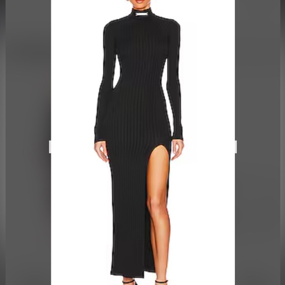 Black Ribbed Maxi Dress with Mock Neck and Slit - Picture 1 of 6